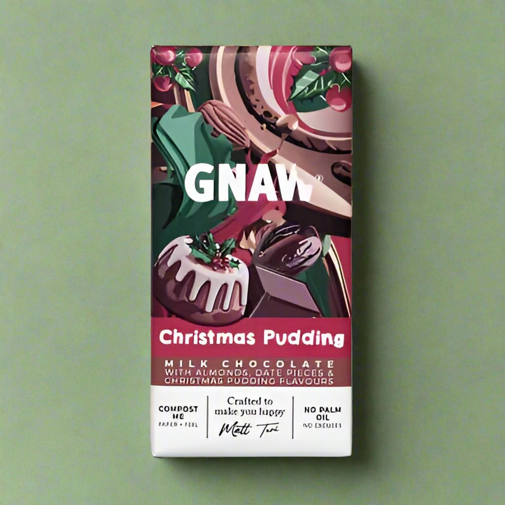An 80g bar of Gnaw Christmas Pudding flavoured milk chocolate