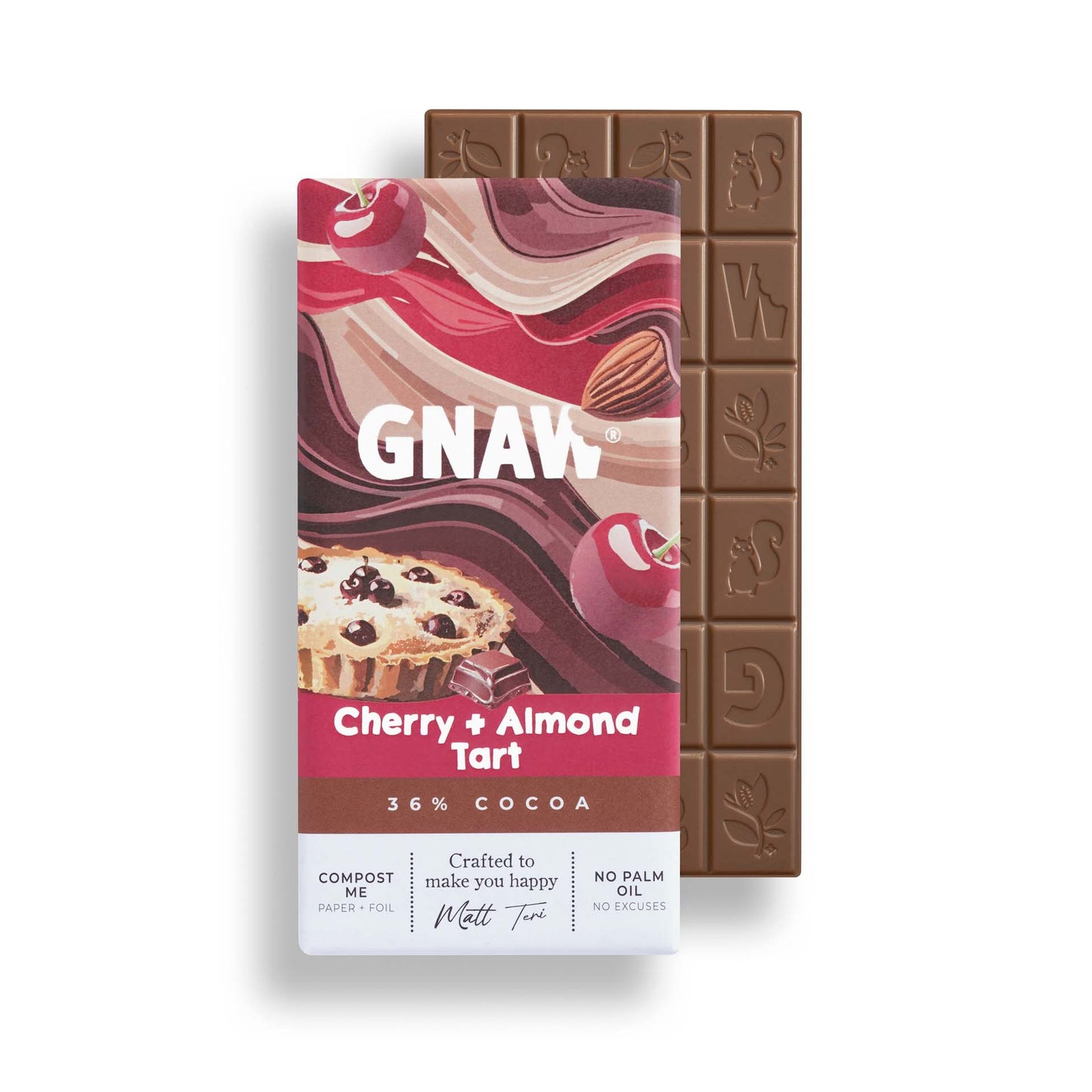 GNAW cherry and almond tart flavored chocolate bar with packaging on a white background