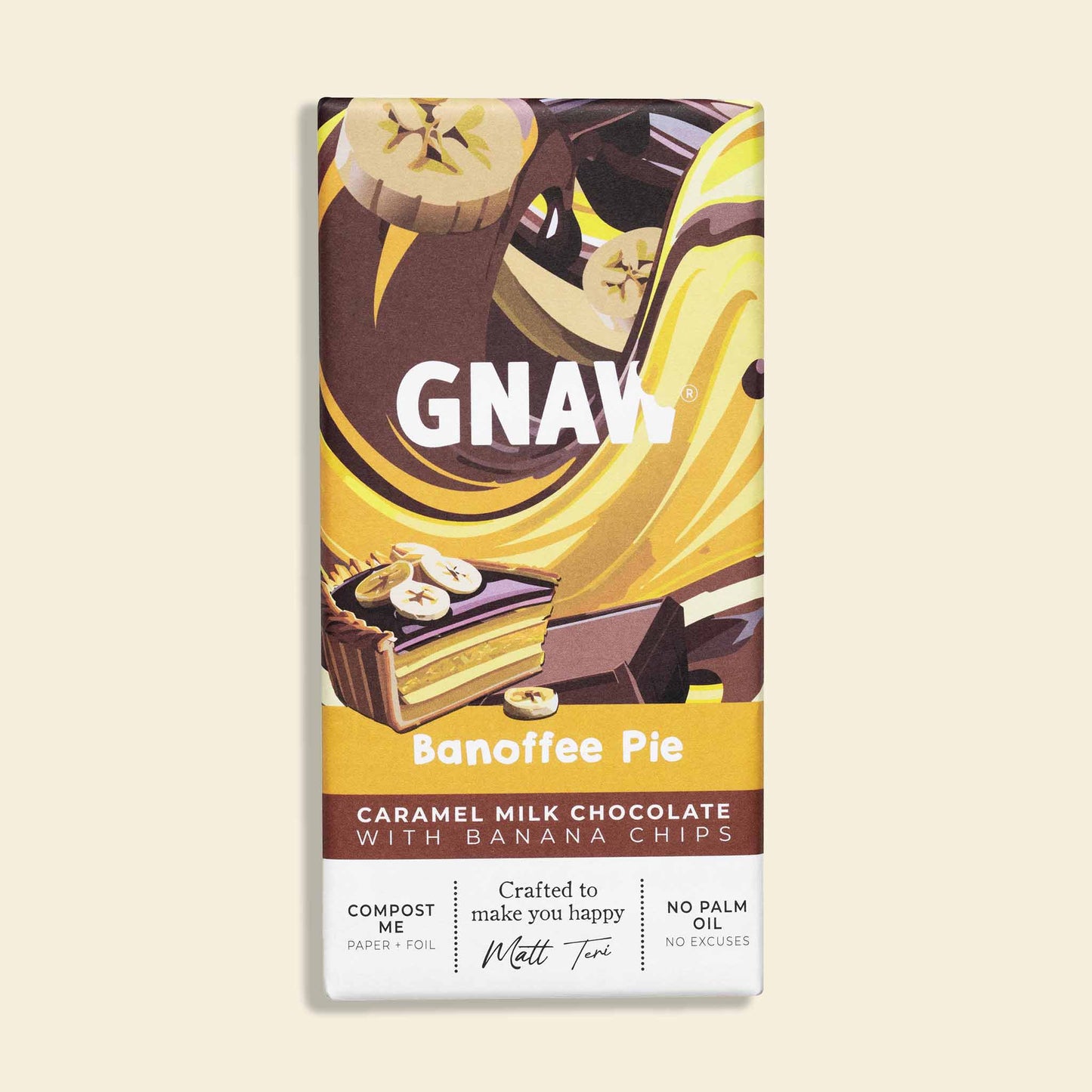A bar of Gnaw Banoffee Pie milk chocolate