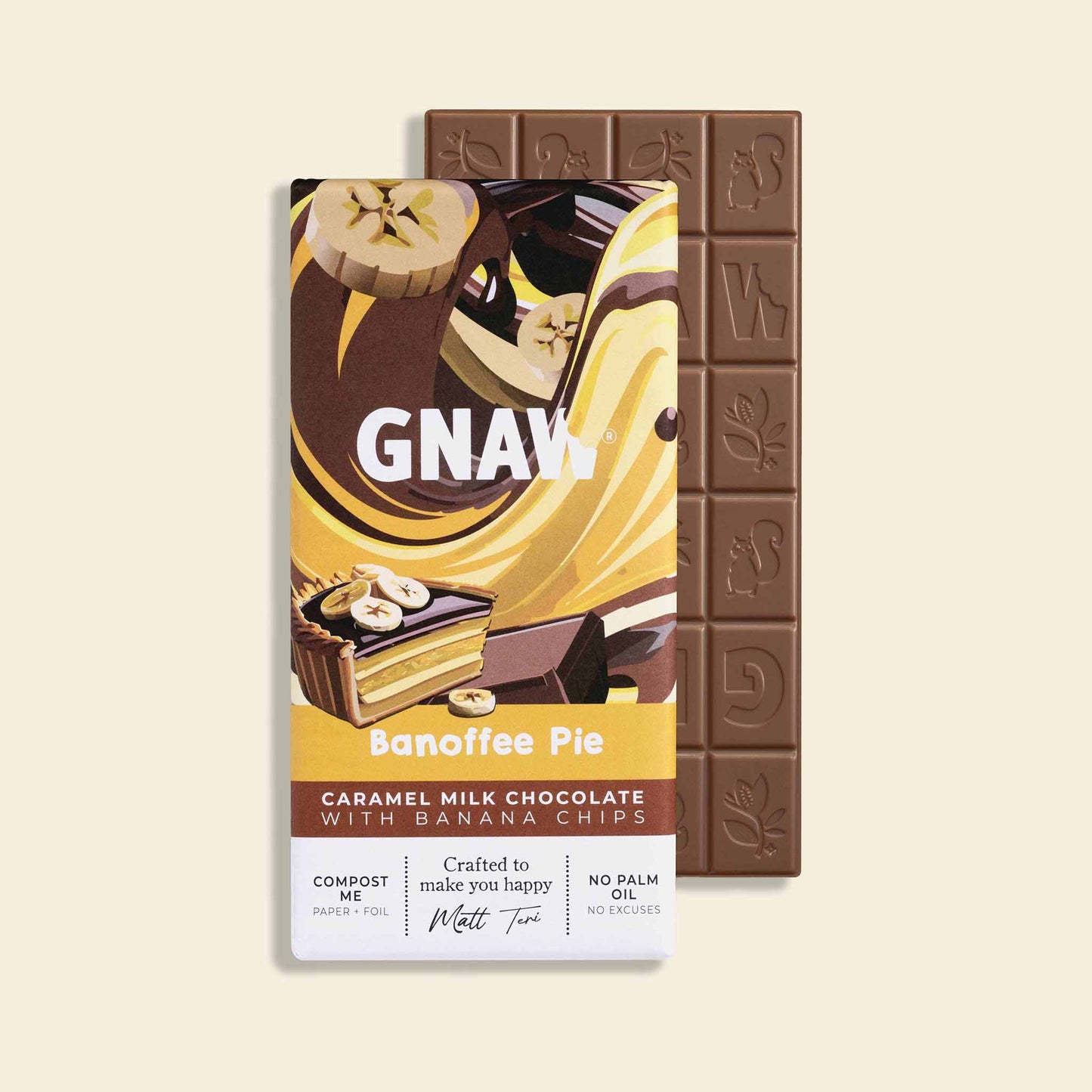 A partially unwrapped bar of Gnaw Banoffee Pie Milk Chocolate
