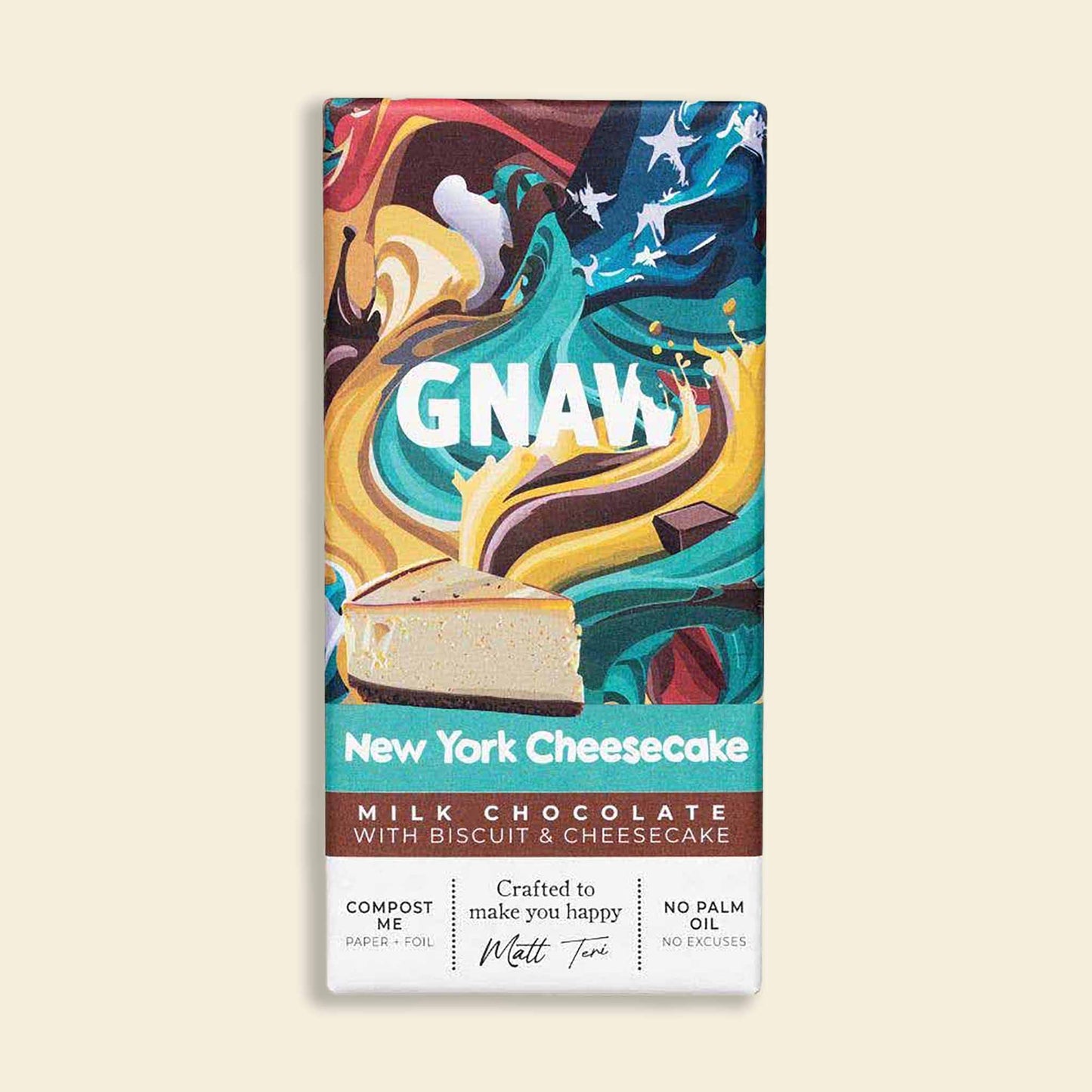 A bar of Gnaw New York Cheesecake flavoured milk chocolate