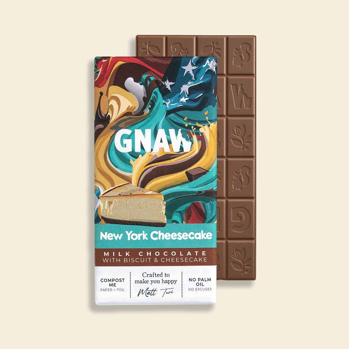 A partially unwrapped bar of Gnaw New York Cheesecake flavoured milk chocolate