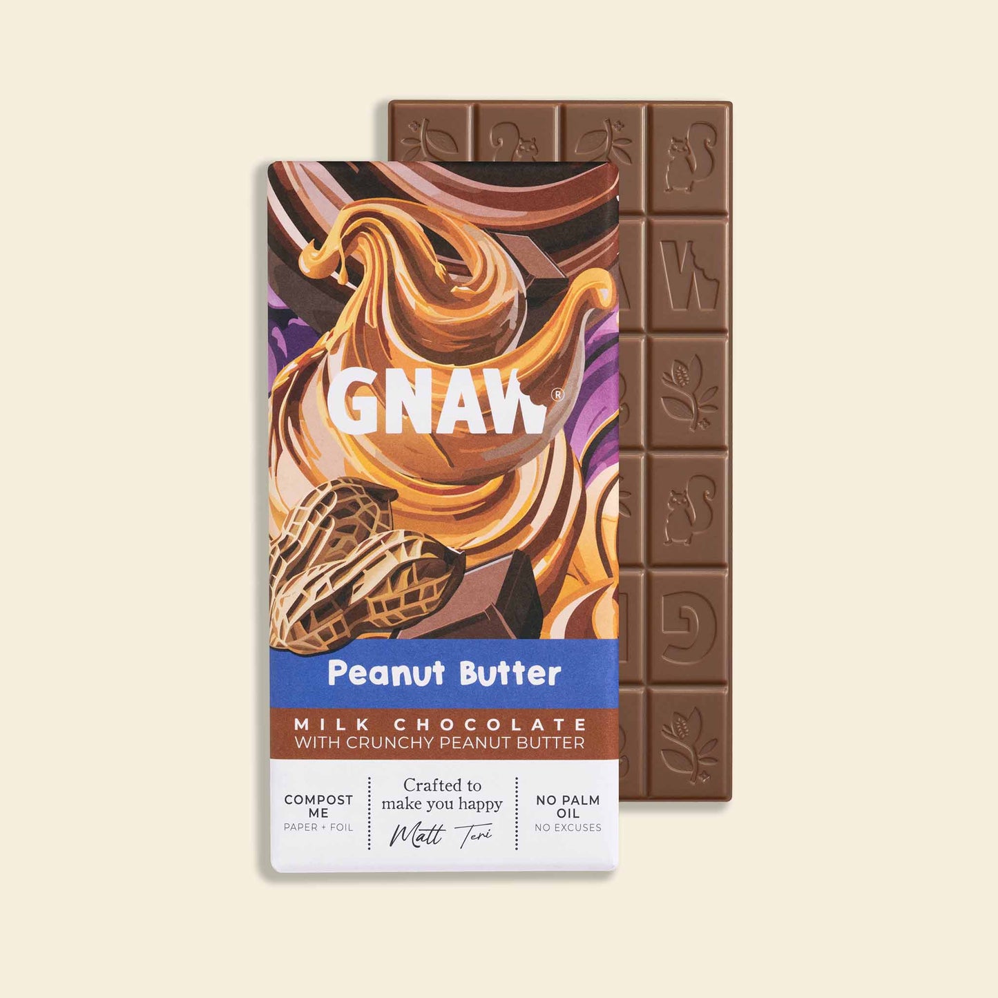 A partially unwrapped bar of Gnaw Peanut Butter milk chocolate