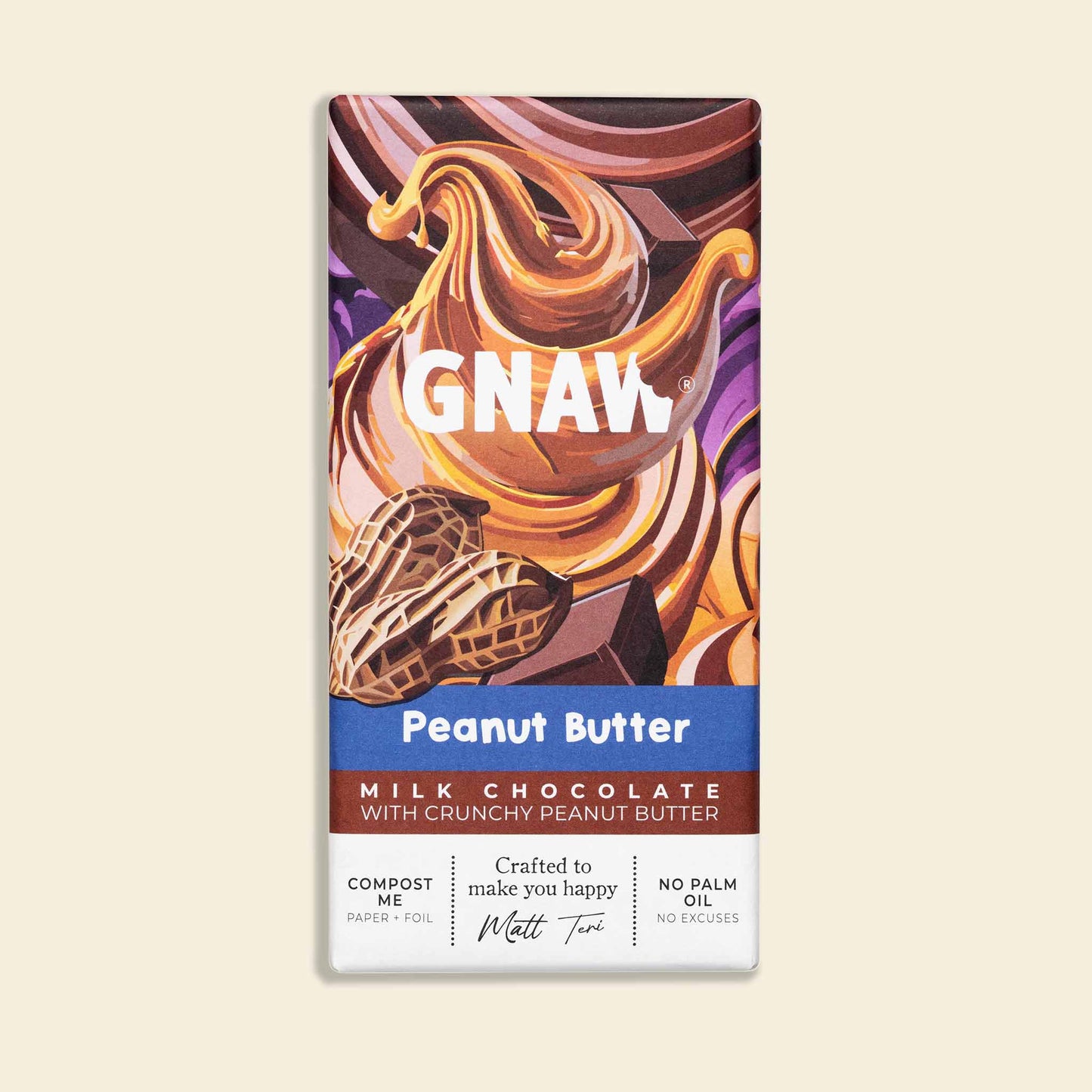 A bar of Gnaw Peanut Butter flavoured milk chocolate