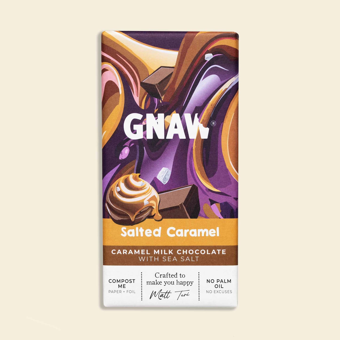 A bar of Gnaw Salted Caramel flavoured milk chocolate