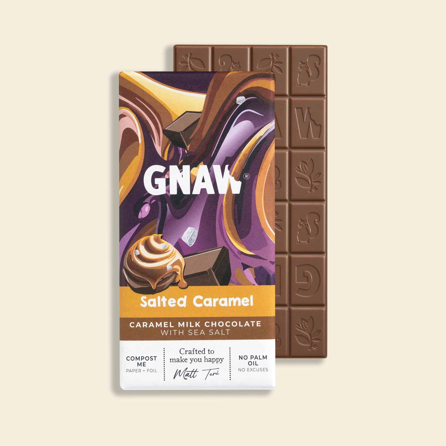 A partially unwrapped bar of Gnaw Salted Caramel flavoured milk chocolate
