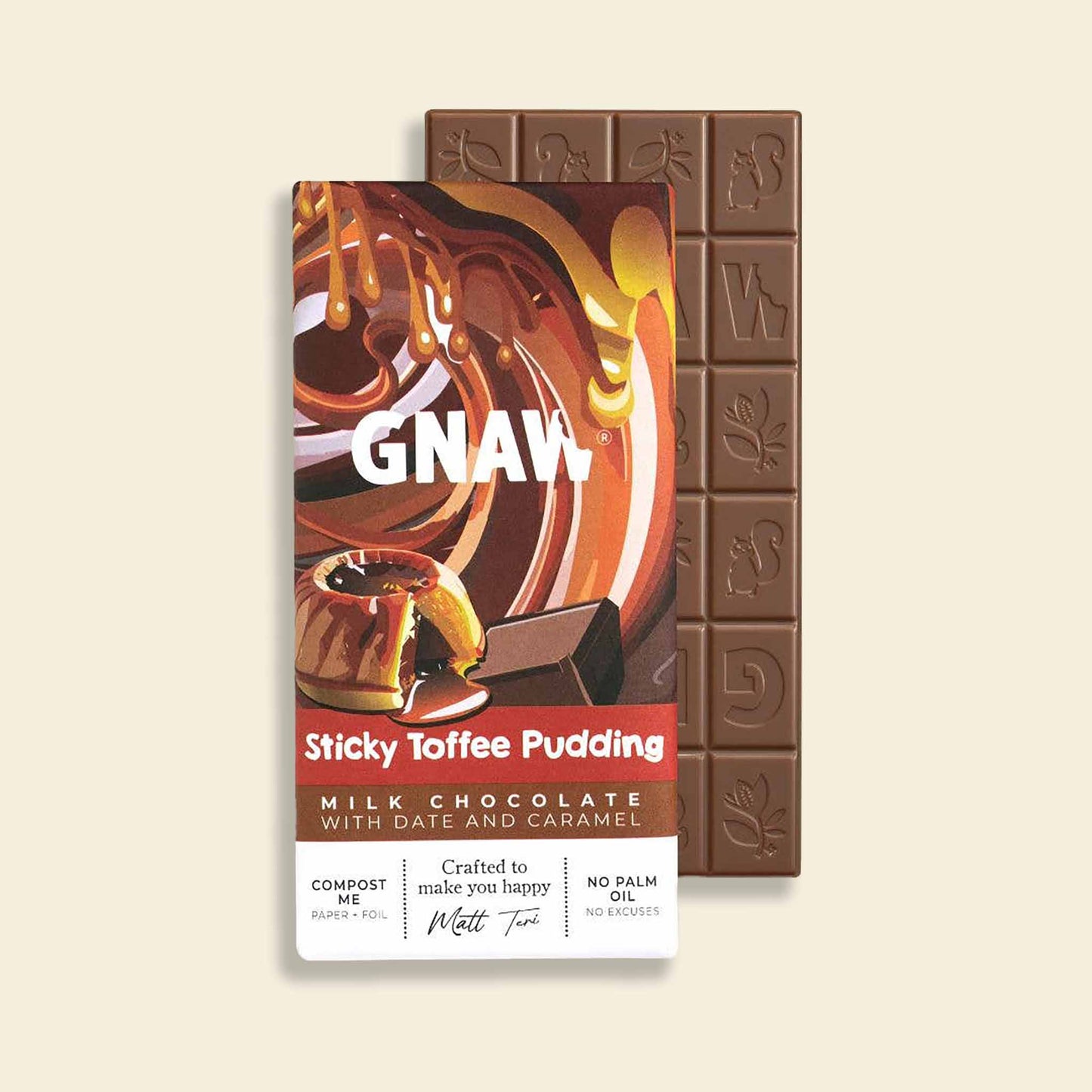 A partially unwrapped bar of Gnaw Sticky Toffee Pudding flavoured milk chocolate