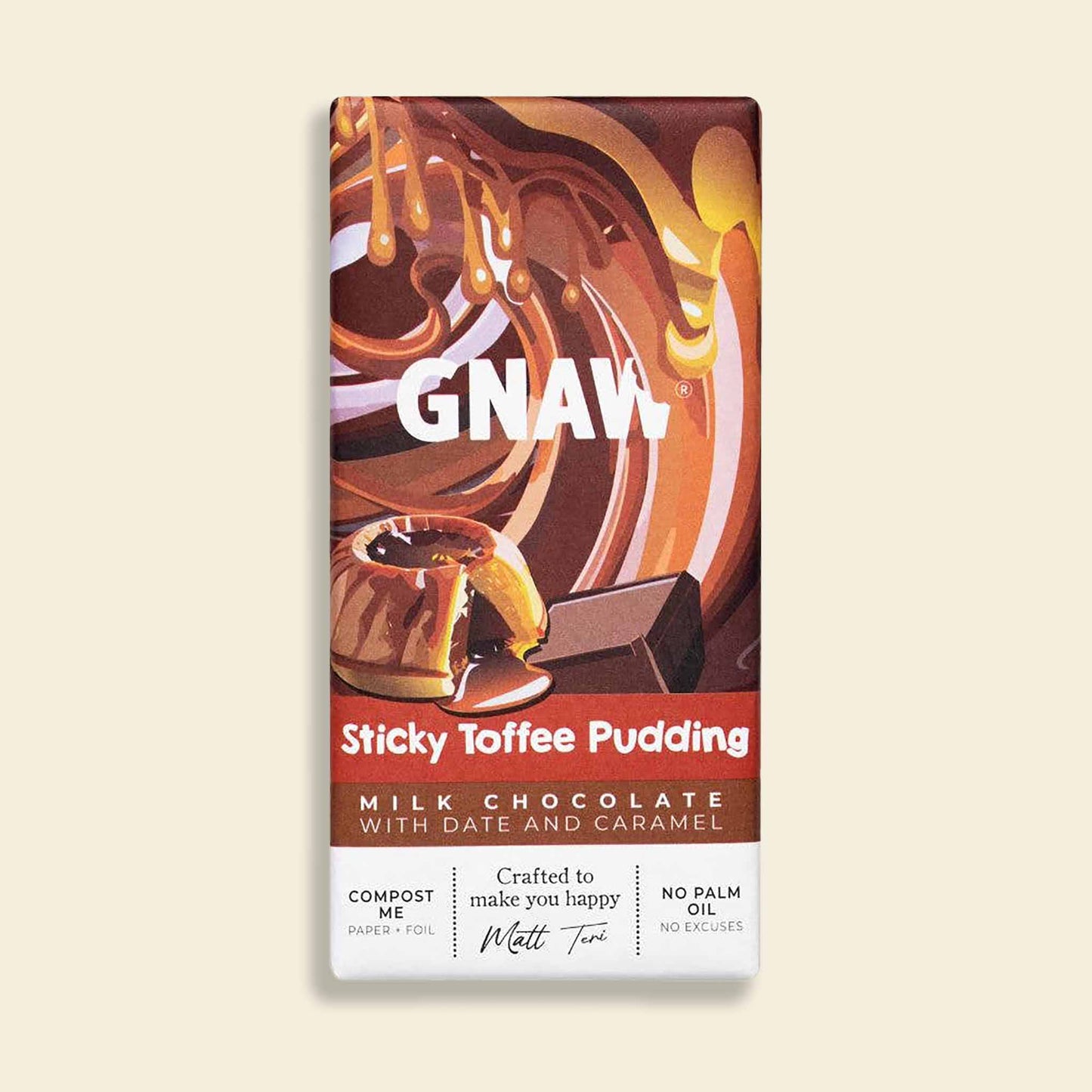A bar of Gnaw Sticky Toffee Pudding milk chocolate