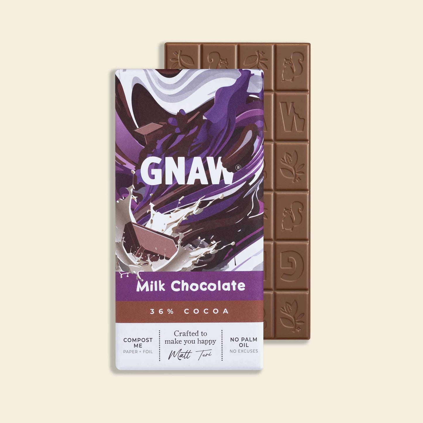 A partially unwrapped bar of Gnaw milk chocolate