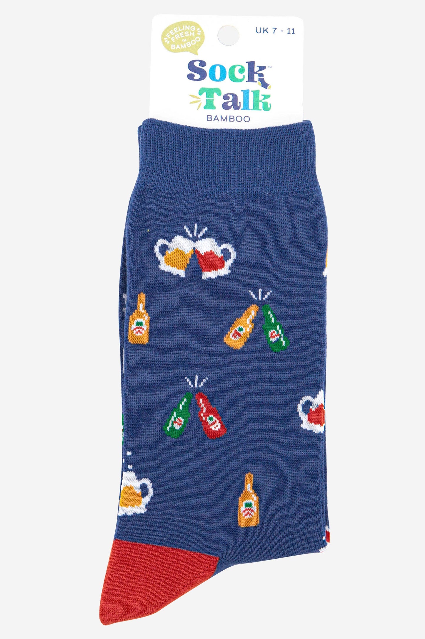 A packaged pair of Beers and Cheers blue socks