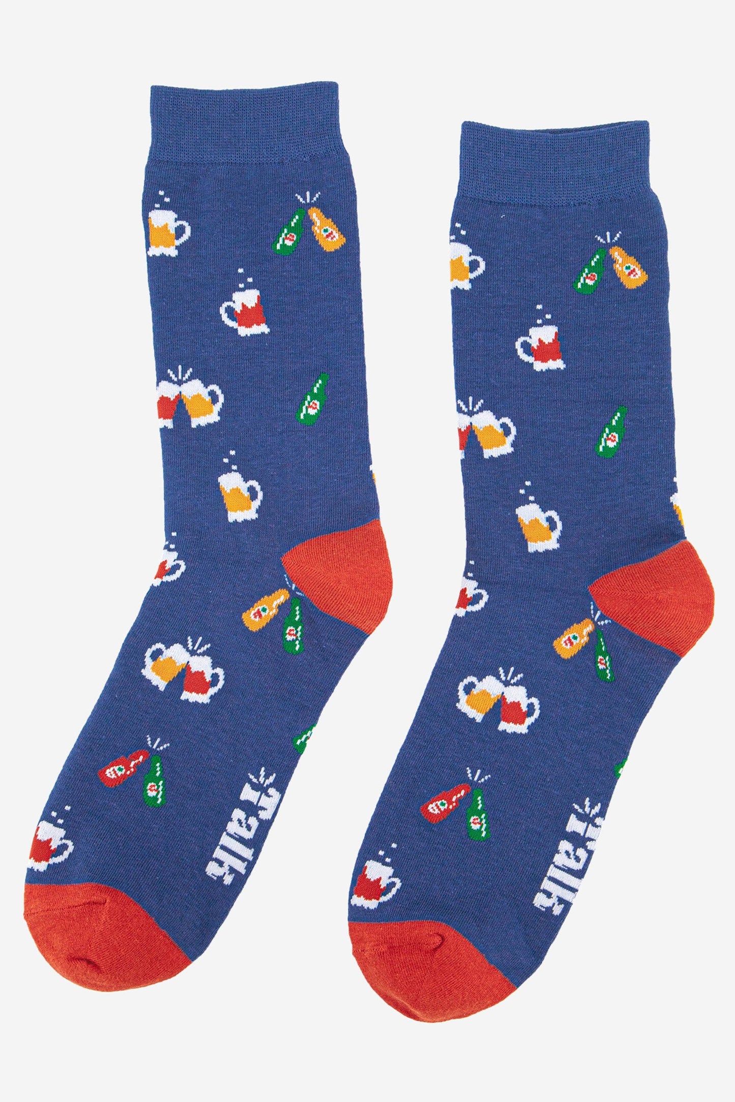 A pair of men’s blue socks with images of beer bottles and glasses on