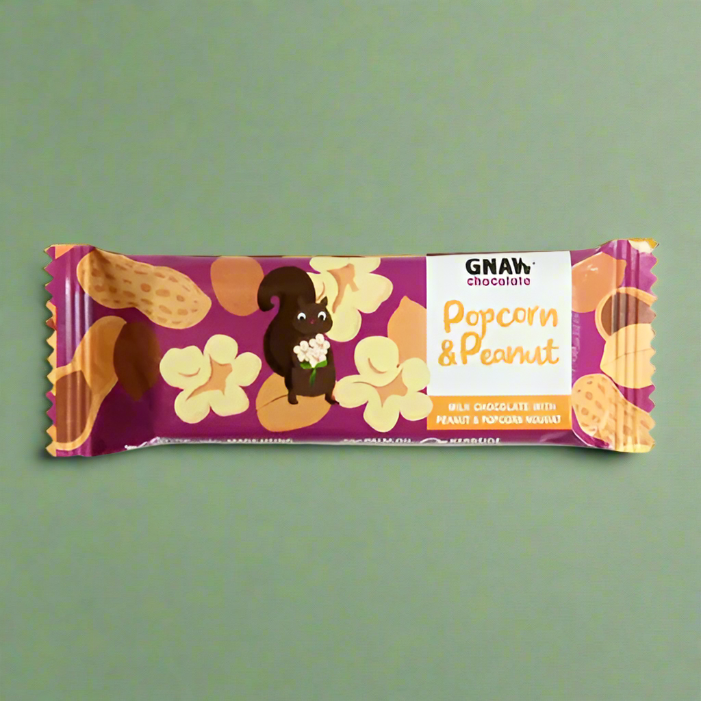 A 35g bar of Gnaw popcorn and peanut flavoured milk chocolate