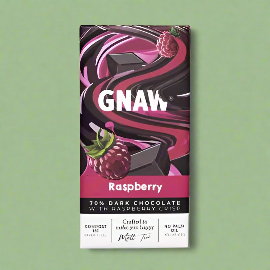 An 80g bar of Gnaw raspberry flavoured dark chocolate