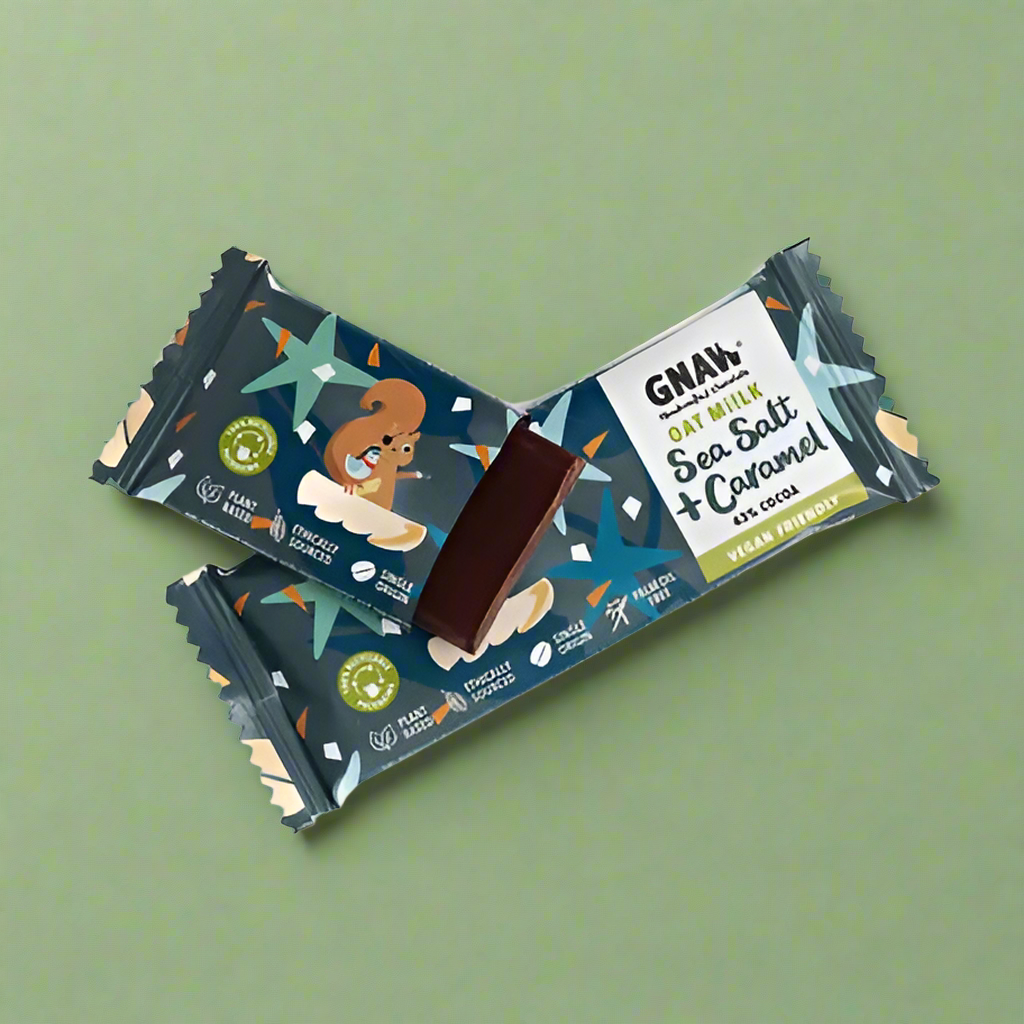 A 35g bar of Gnaw sea salt and caramel oat milk chocolate