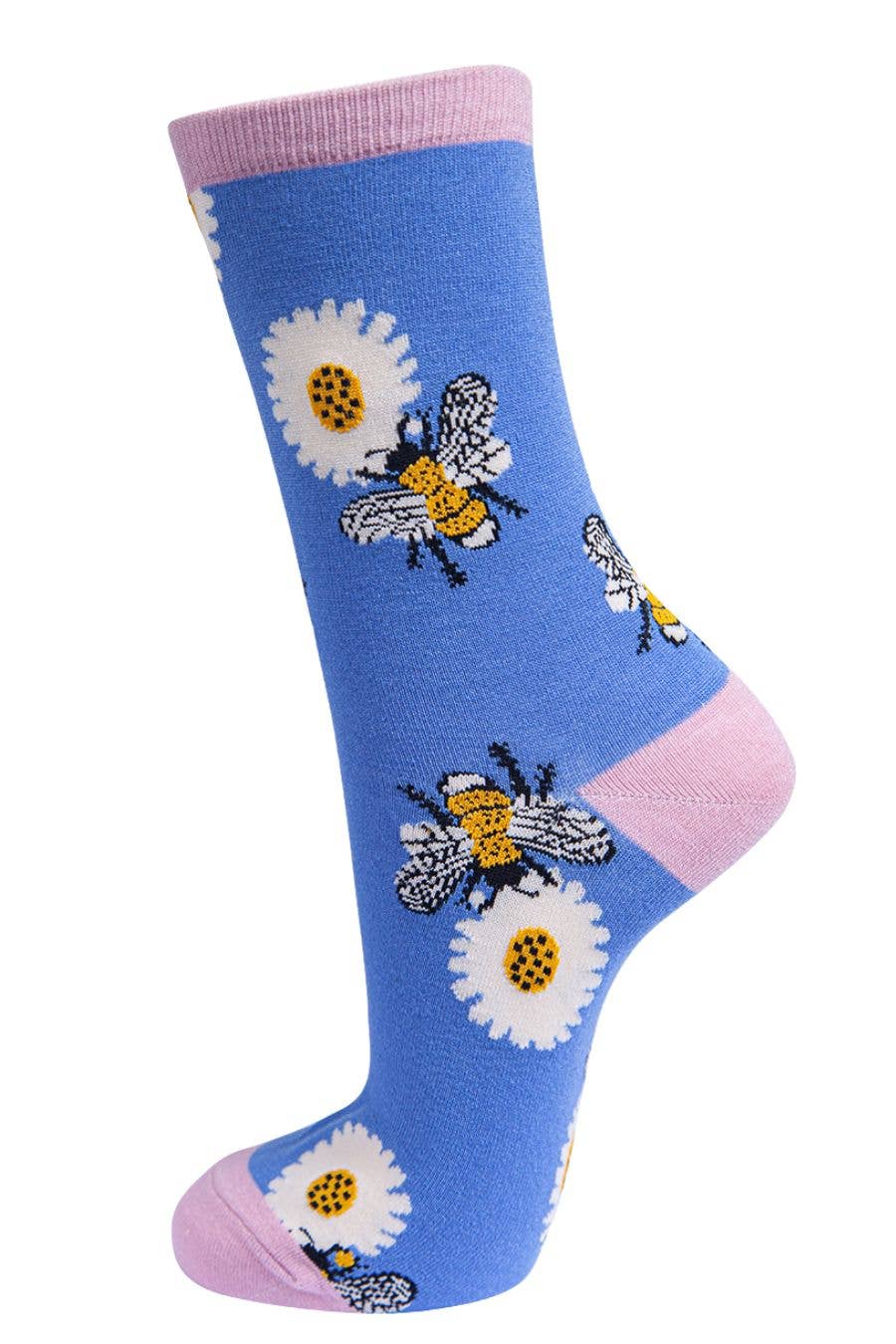 Blue women’s sock featuring bees and sunflowers
