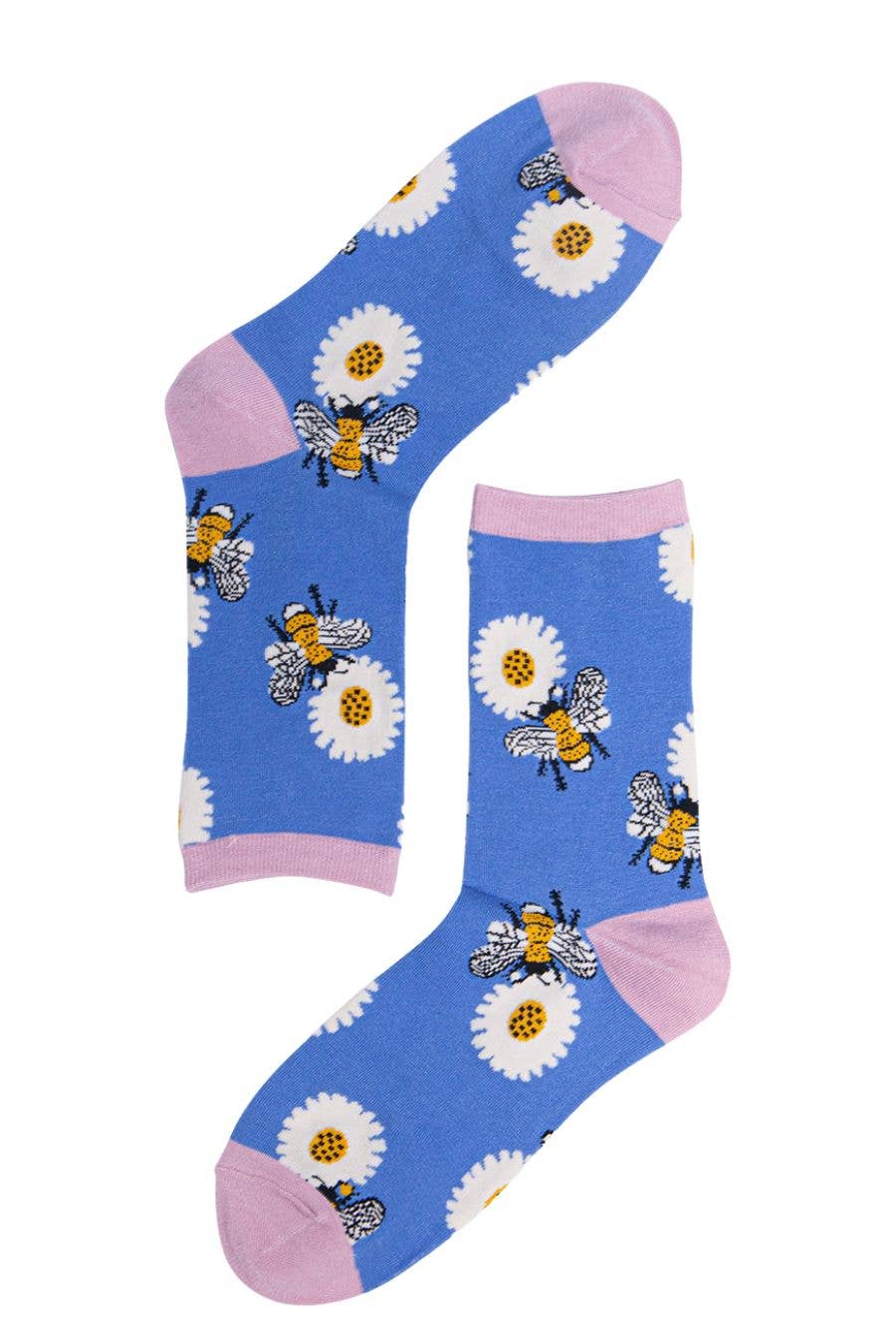 Pair of blue socks with pink heels and toes featuring bees and sunflowers