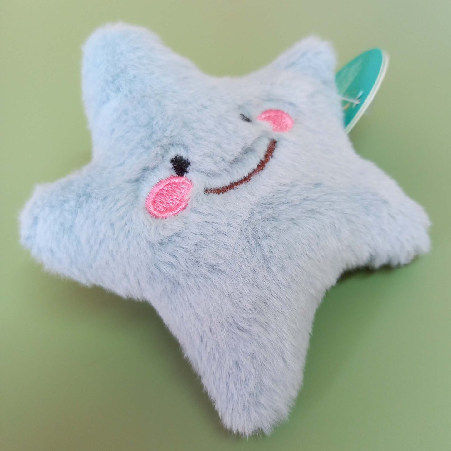 Close up of blue starfish toy with embroidered face