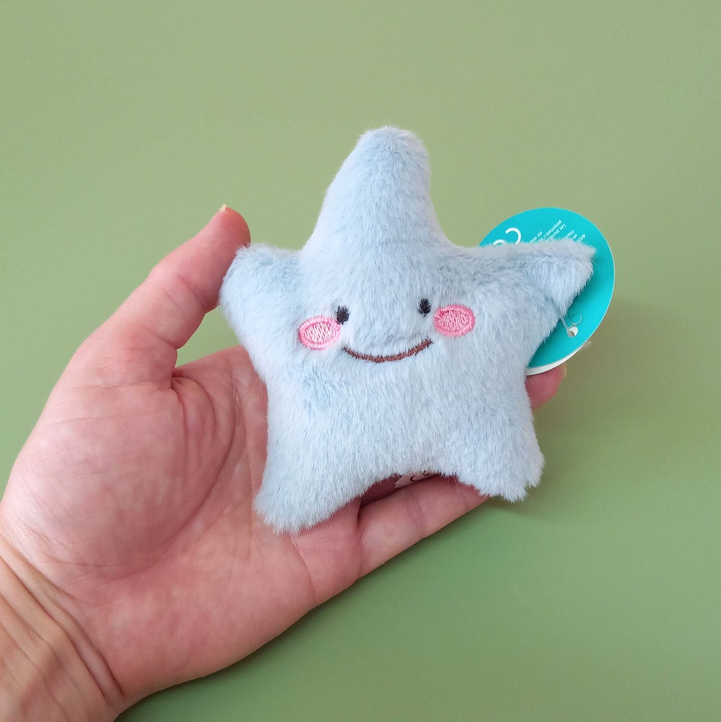 Hand holding blue starfish soft toy