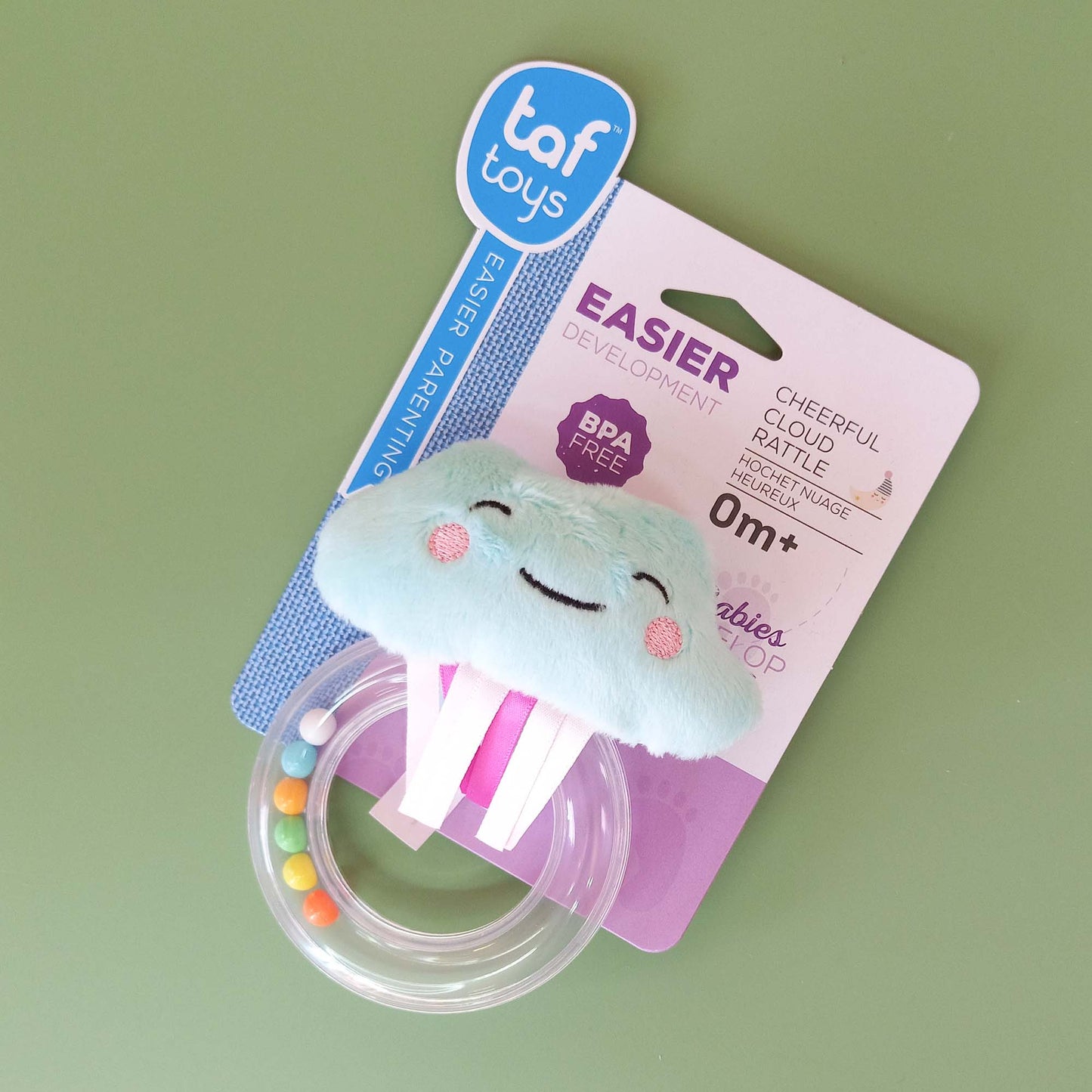 Cloud rattle with embroidered smiley face