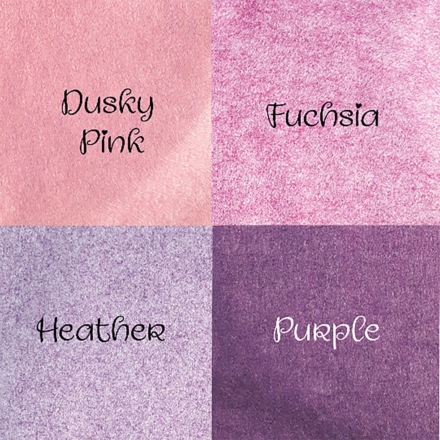 Colour swatch showing dusky pink, fuchsia, heather and purple felt options