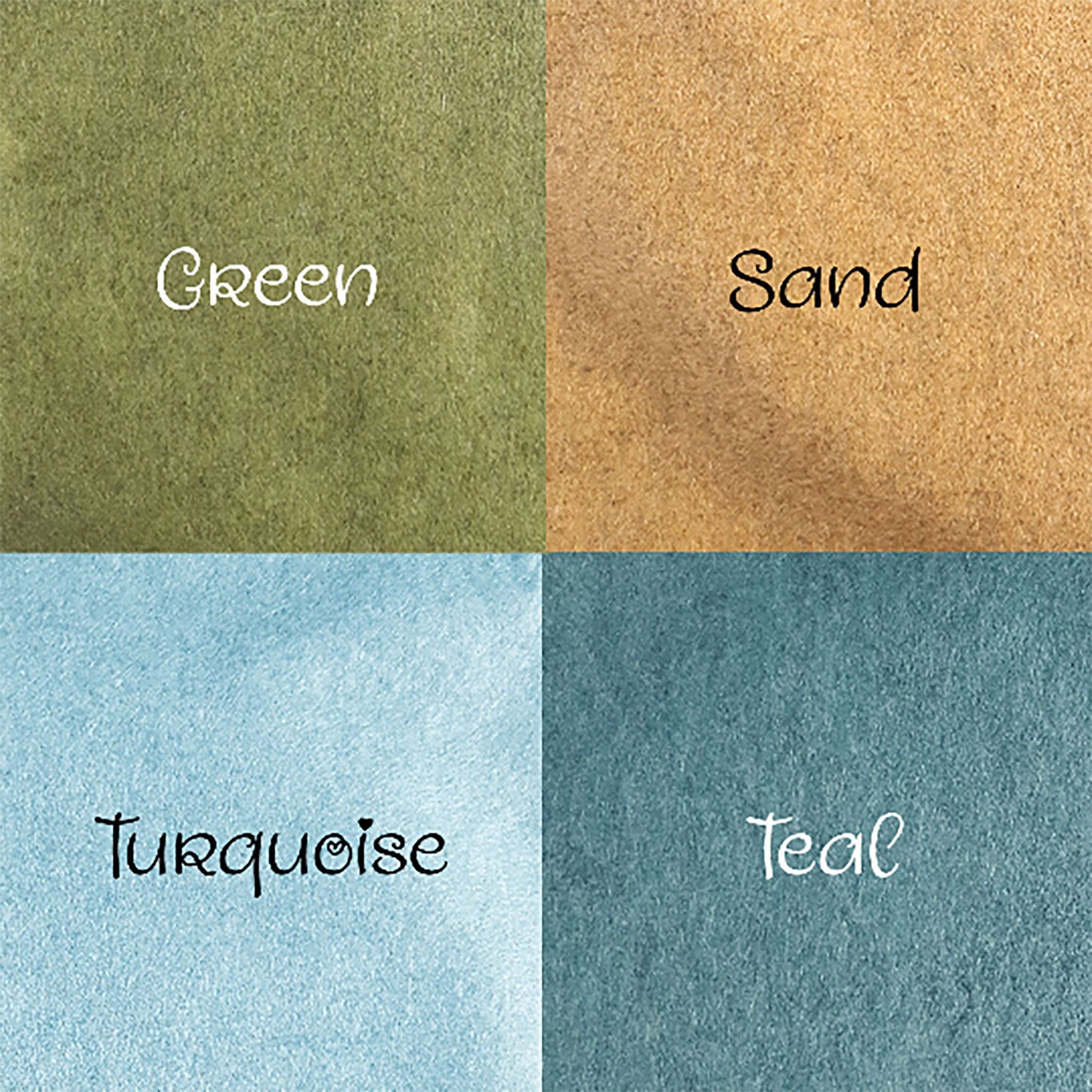 Colour swatch showing green, sand, turquoise and teal felt