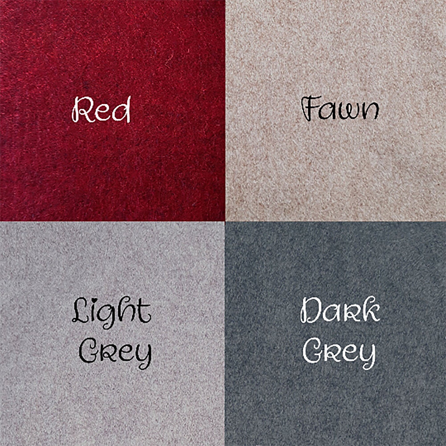 Colour swatch showing red, fawn, light grey and dark grey felt