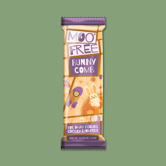 A 20g bar of Moo Free vegan-friendly honeycomb milk chocolate