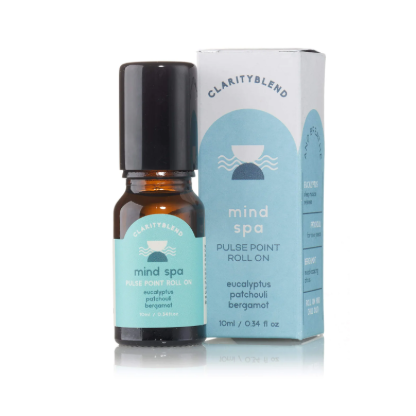 Bottle and box of Clarityblend mind spa pulse point roll on on a white background