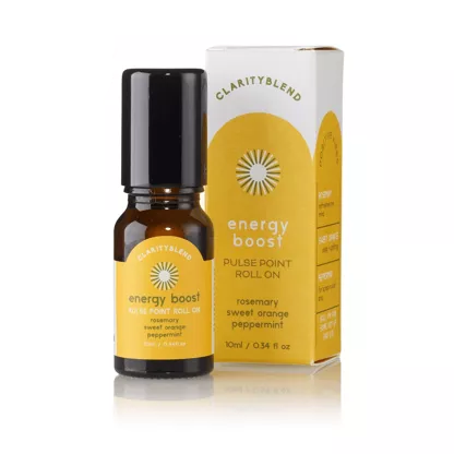 Bottle and box of ClarityBlend Energy Boost pulse point roll on on a white background