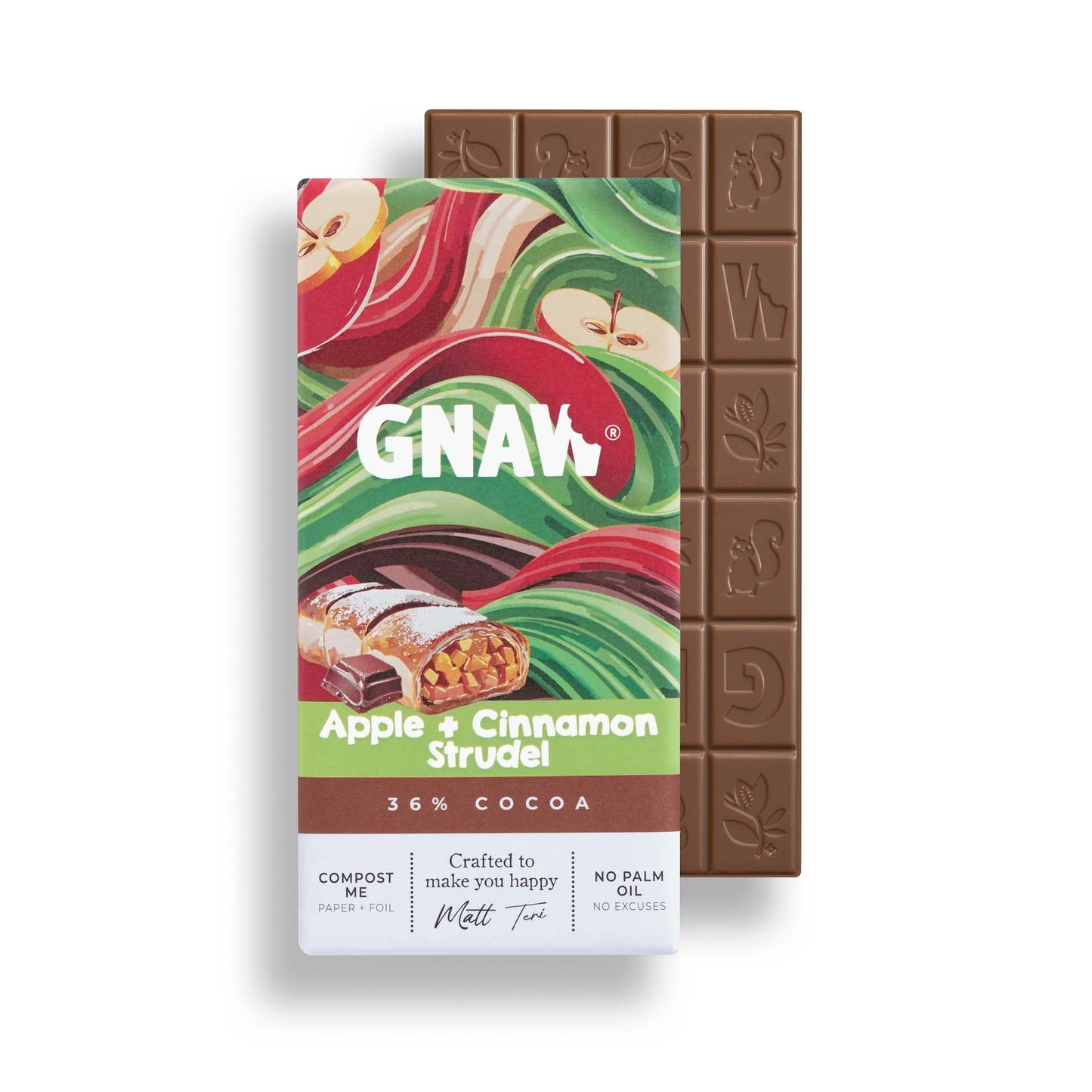 GNAW Apple & Cinnamon Strudel chocolate bar with packaging on a white background