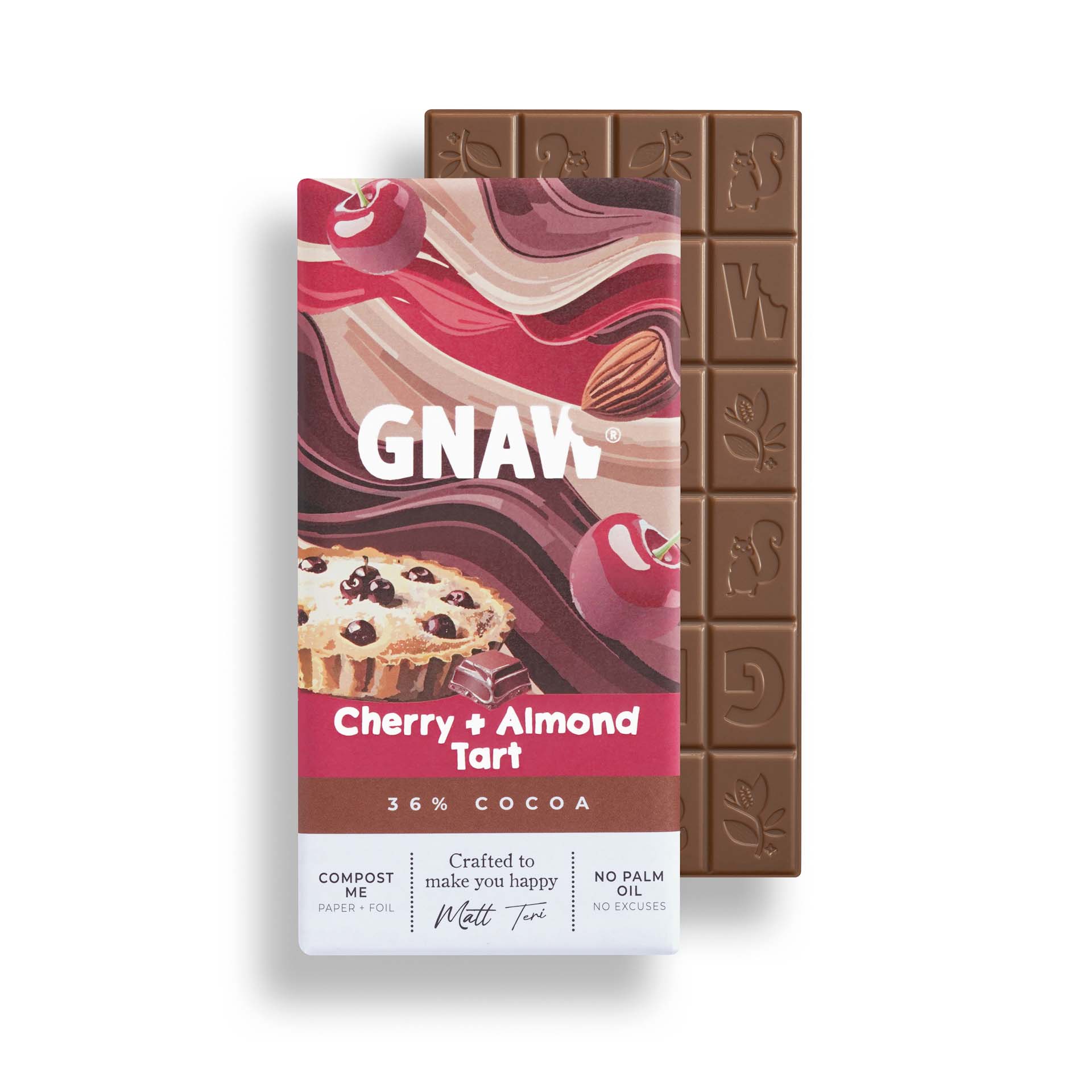 GNAW cherry and almond tart flavored chocolate bar with packaging on a white background