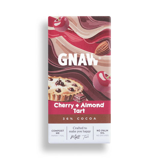 GNAW cherry and almond tart flavored chocolate bar packaging on a white background