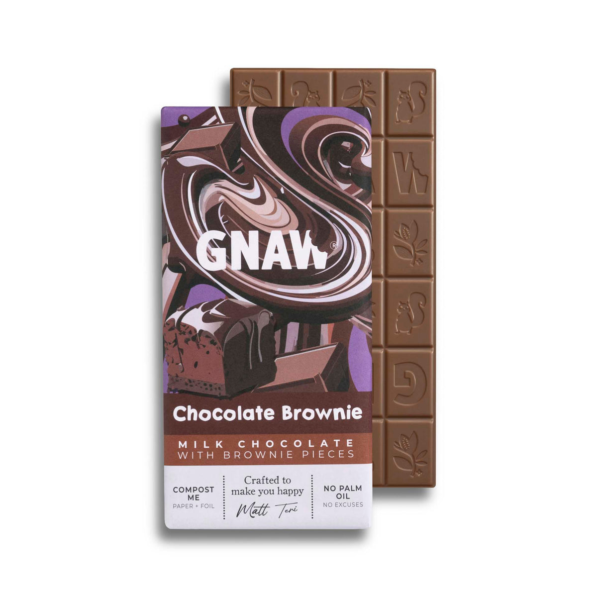 An unwrapped bar of Gnaw chocolate brownie milk chocolate alongside it's packaging on a white background