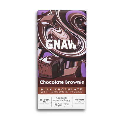 A bar of Gnaw chocolate brownie milk chocolate on a white background