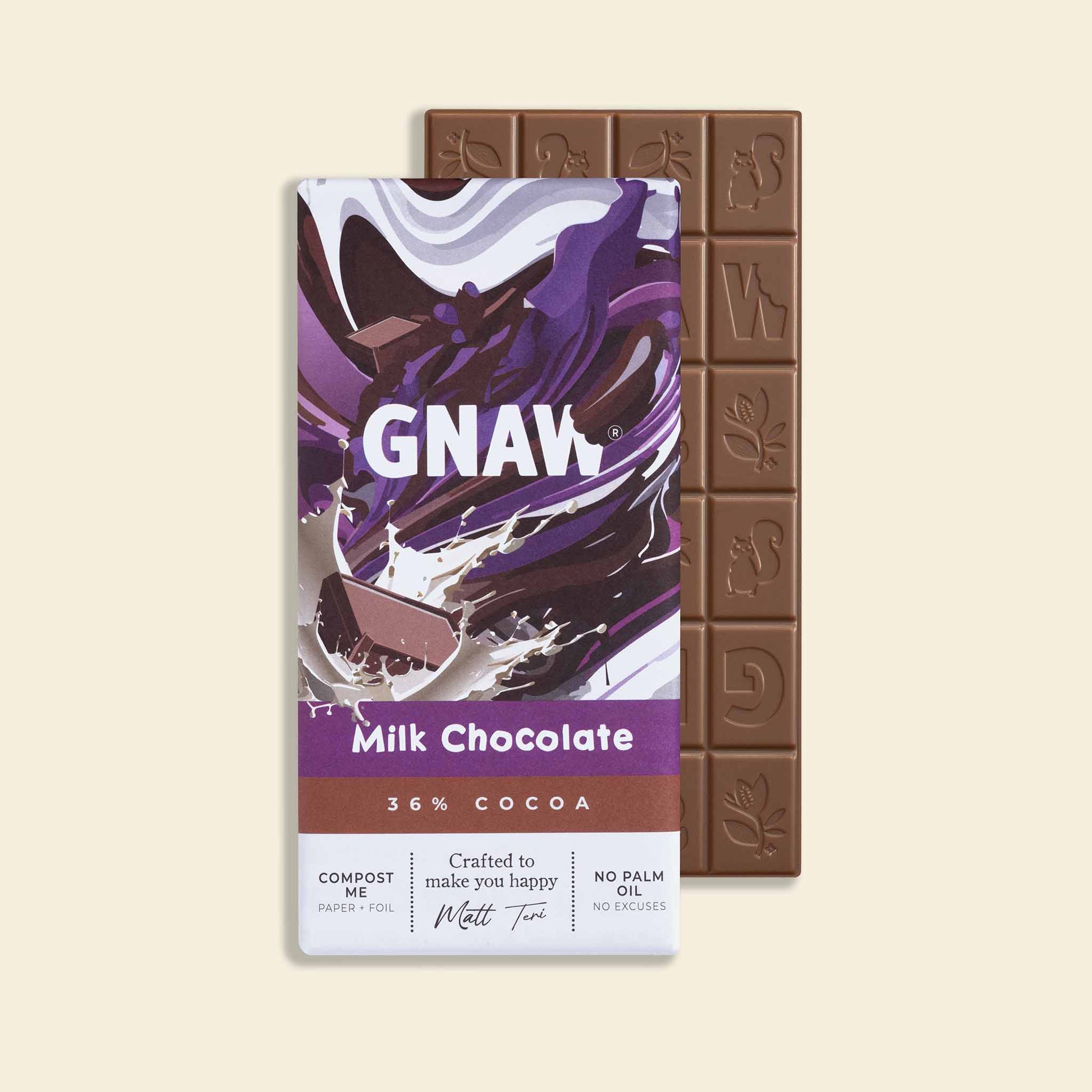 A partially unwrapped bar of Gnaw milk chocolate