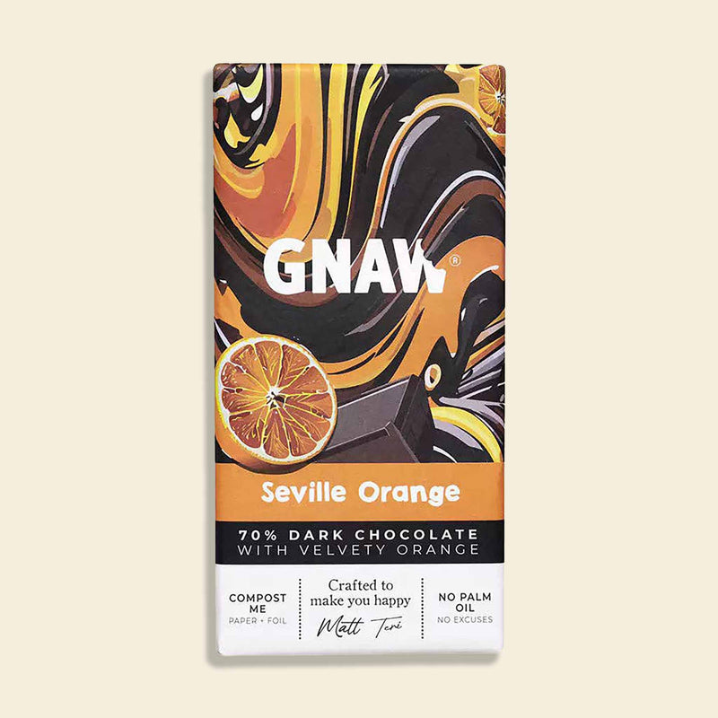 A bar of Gnaw Seville Orange flavoured dark chocolate