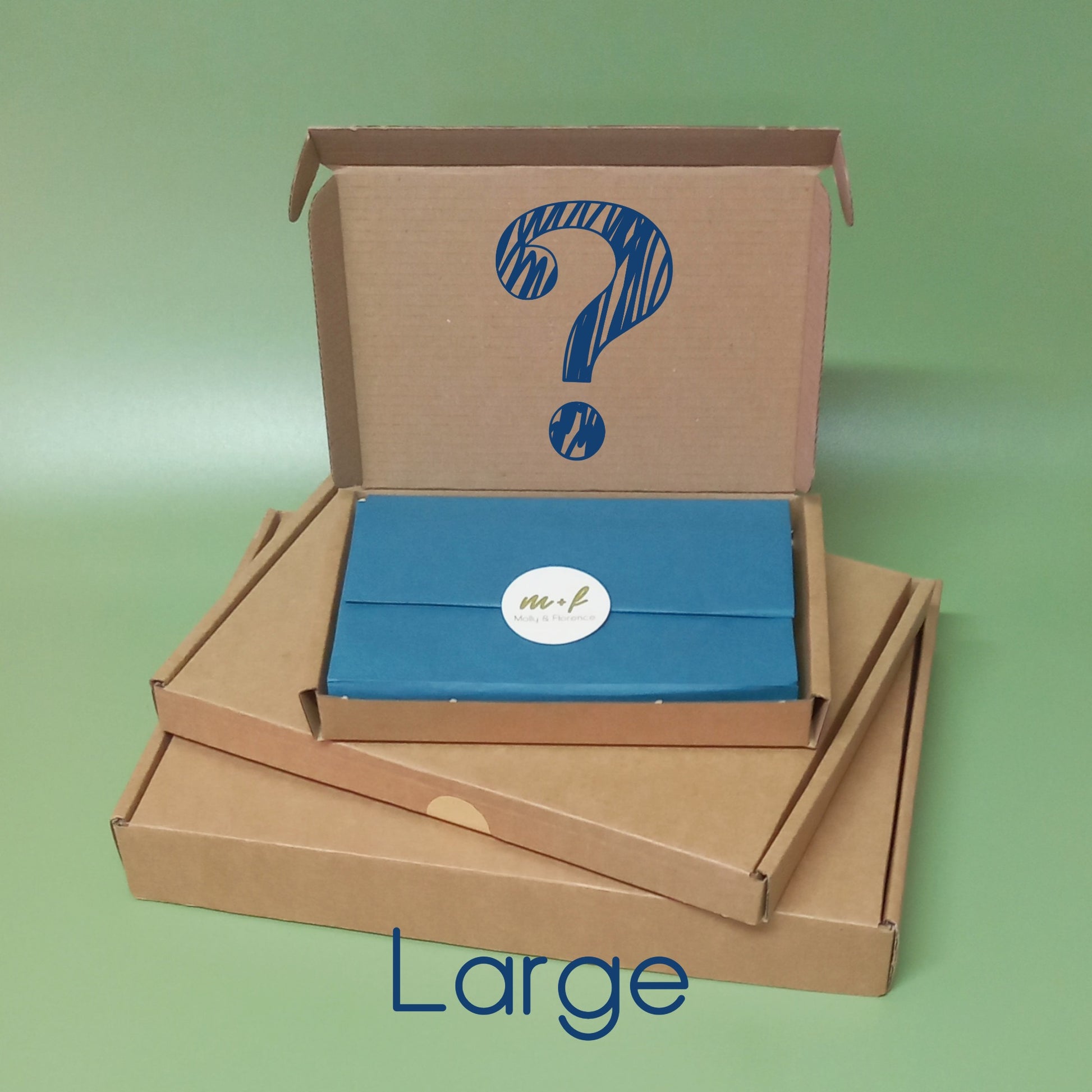 A stack of mystery gift boxes depicting the word large