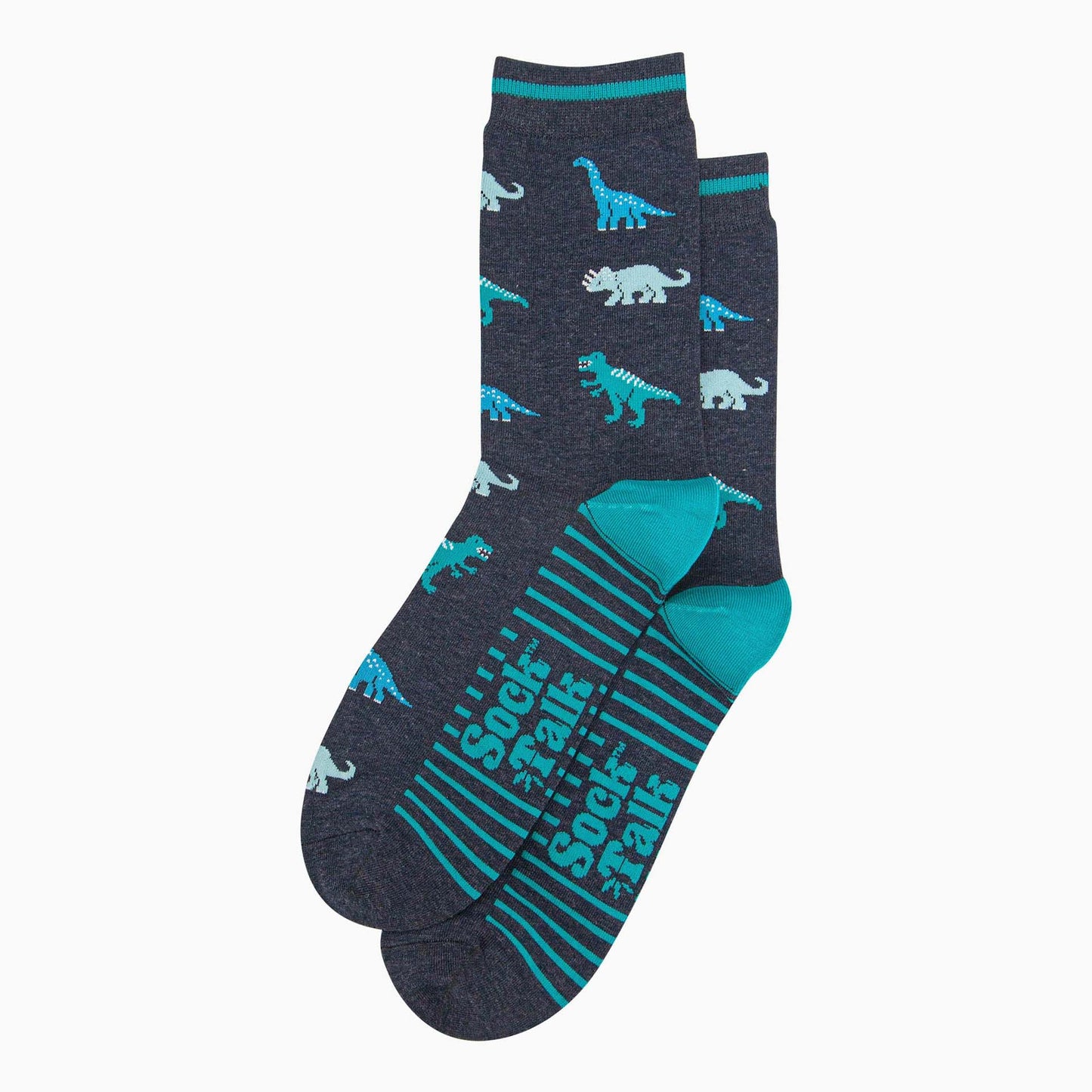 Pair of socks with dinosaur pattern on a white background