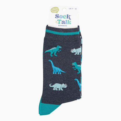 Packaged socks with dinosaur pattern on a white background
