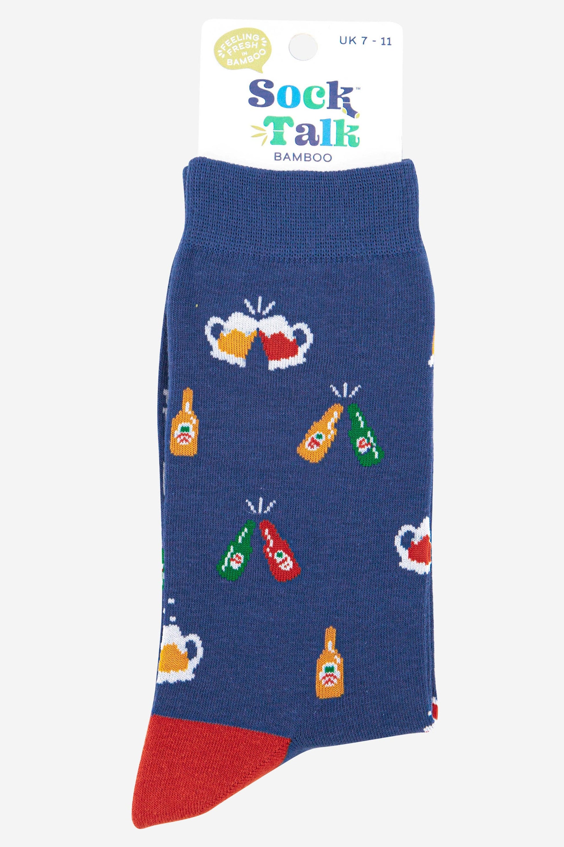 A packaged pair of Beers and Cheers blue socks