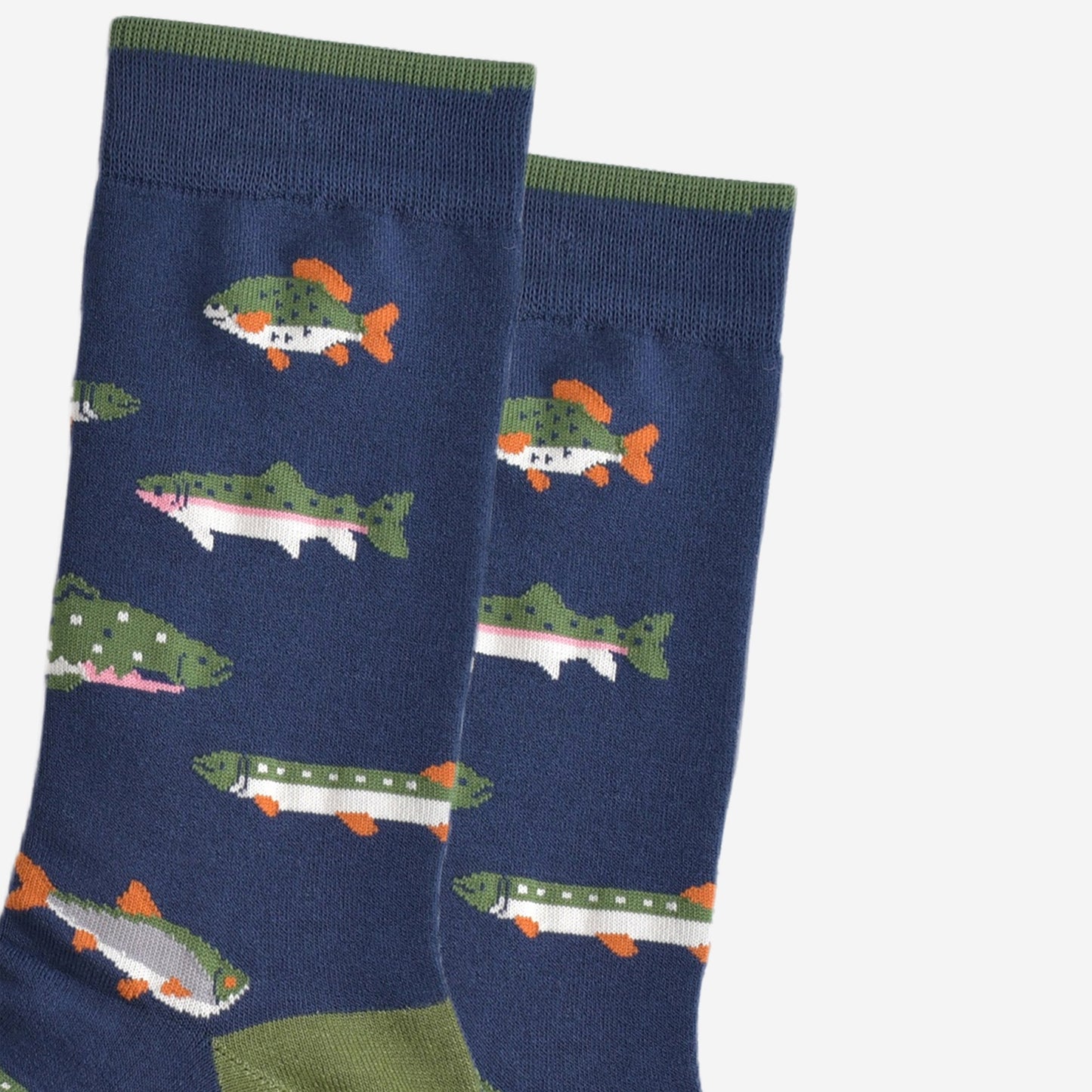 Close up of fish images on navy blue socks