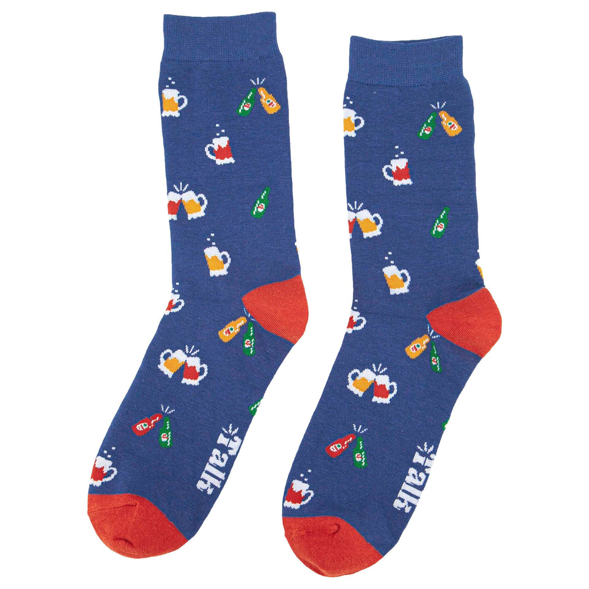 A pair of navy blue crew socks with a repeating pattern of clinking beer mugs, bottles featuring dark orange heels and toes
