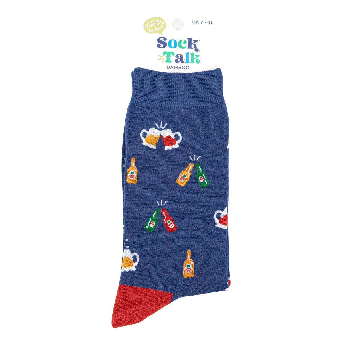 A single pair of blue bamboo crew socks with a pattern of clinking beer glasses and bottles, featuring a orange toe cap and a white hanging card labeled 'Sock Talk'.