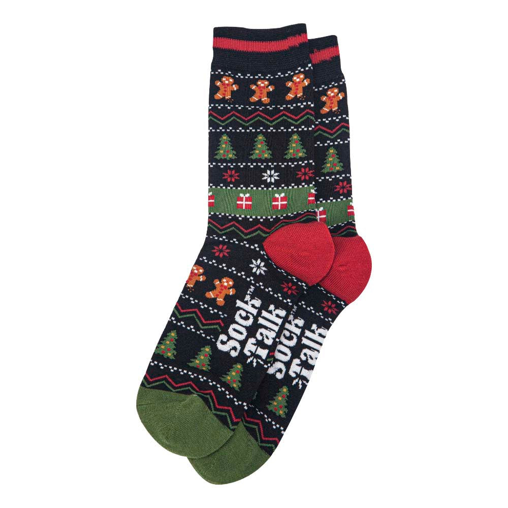 A pair of black Fair Isle style socks featuring Christmas trees, gingerbread men, gifts and snowflakes. With green toes and red heels