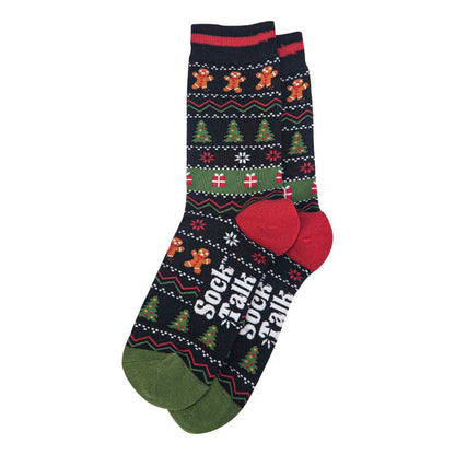 A pair of black Fair Isle style socks featuring Christmas trees, gingerbread men, gifts and snowflakes. With green toes and red heels