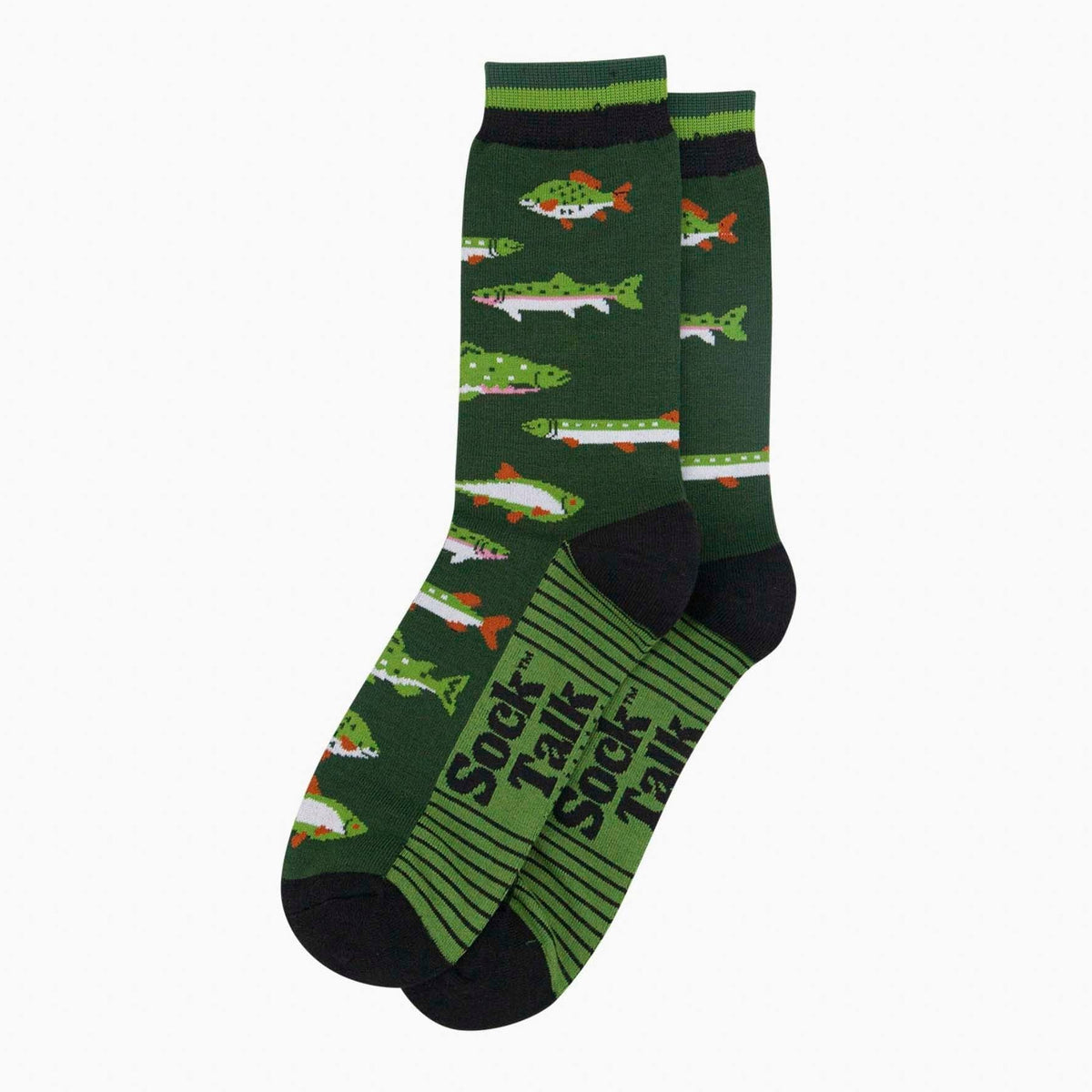 A pair of dark green sock depicting various types of fish with orange and white accents. With black toe and heels