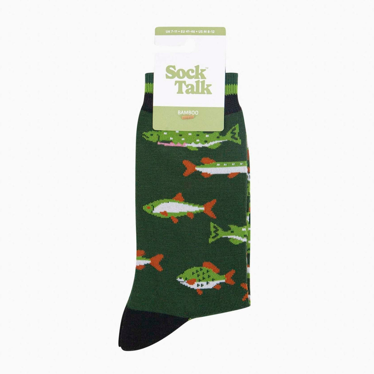 A pair of green bamboo fish themed socks with white, orange and black accents. Packaged on a card hanger featuring the Sock Talk branding