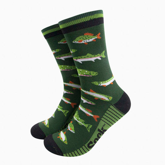 A pair of dark green sock depicting various types of fish with orange and white accents. 