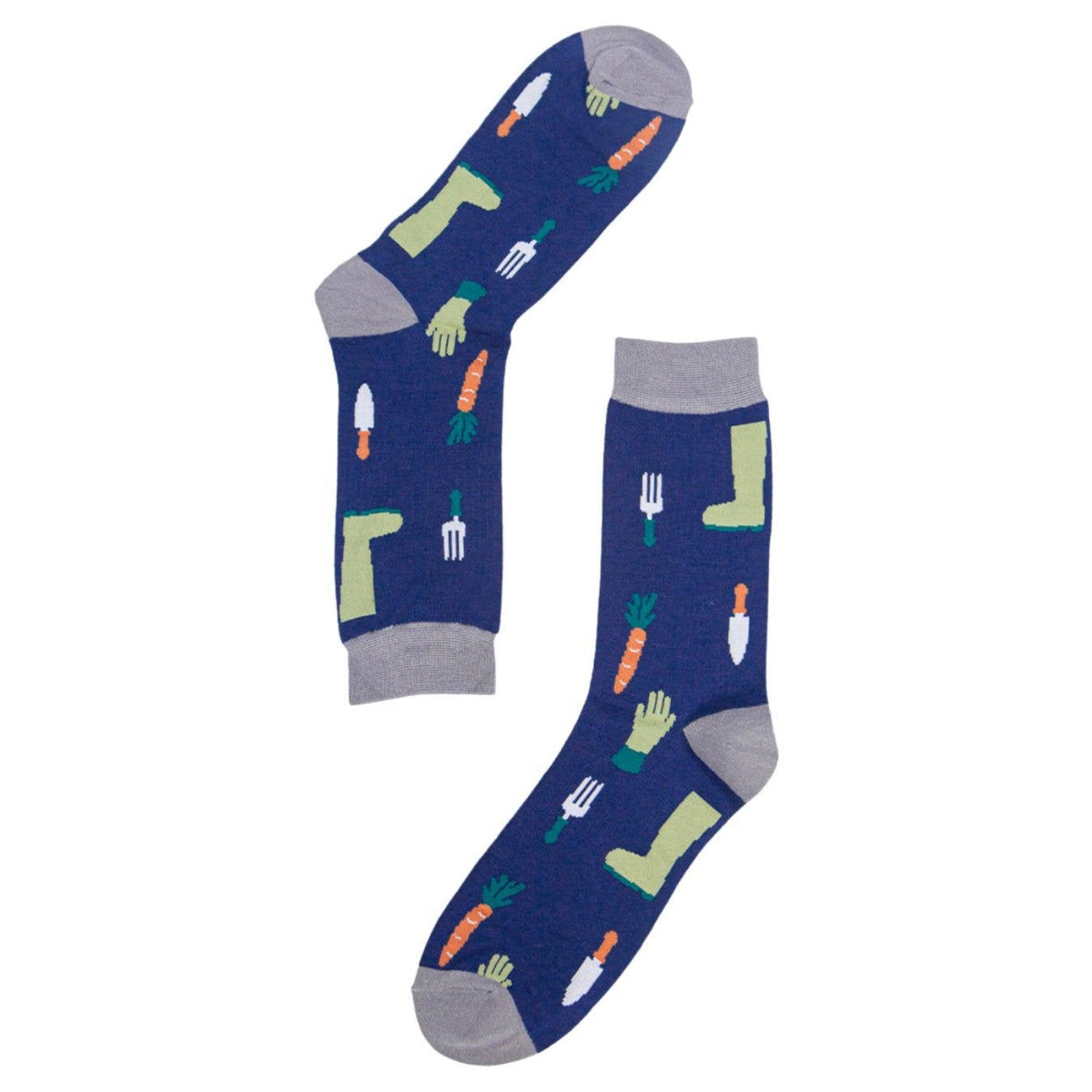 Pair of navy socks with gardening-themed pattern on a white background