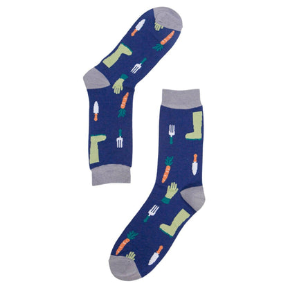 Pair of navy socks with gardening-themed pattern on a white background